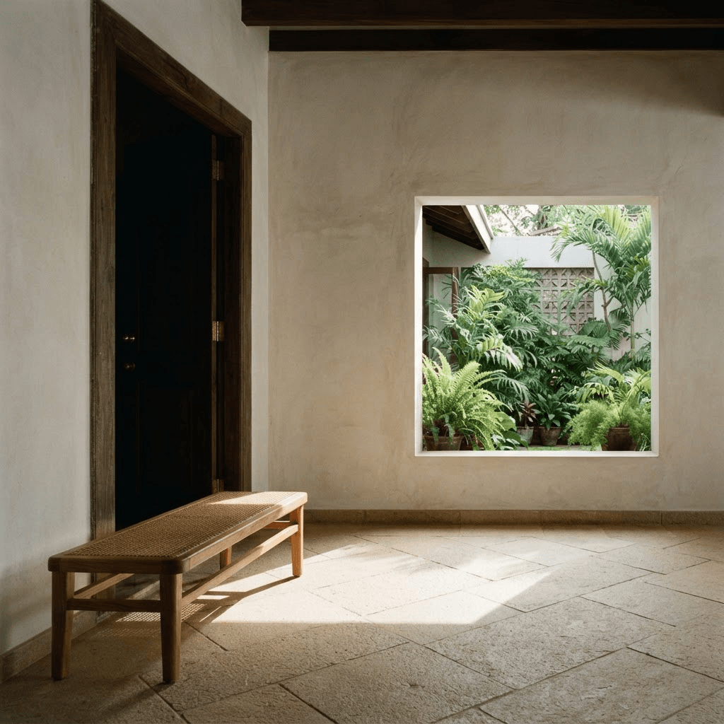 Concept study of a sunlit interior with timber, stone and a courtyard